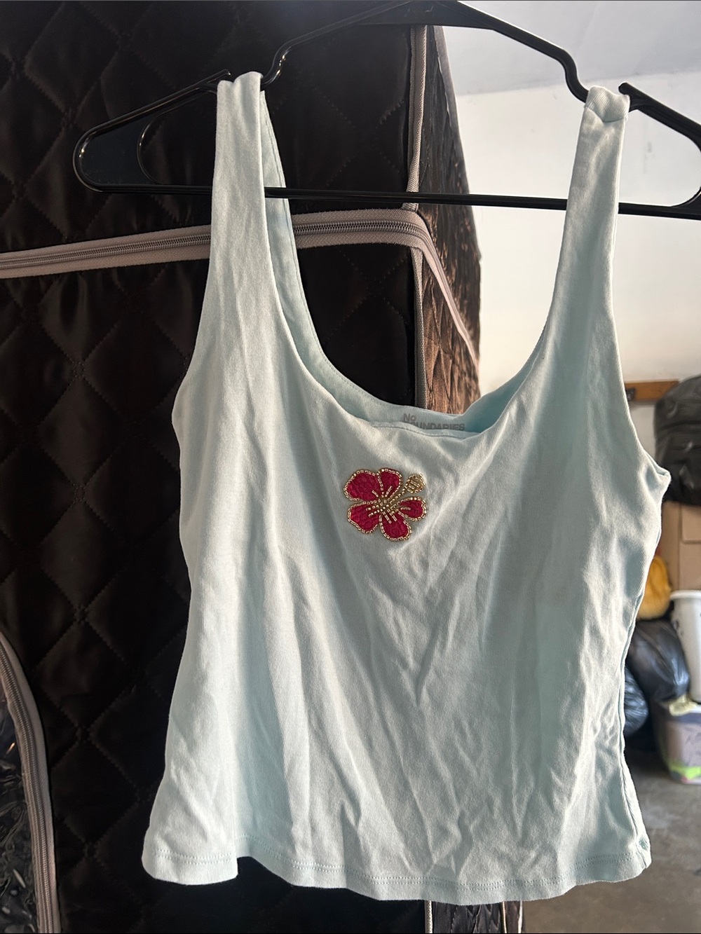 Light Blue Women’s Tank Top with Red Floral Applique